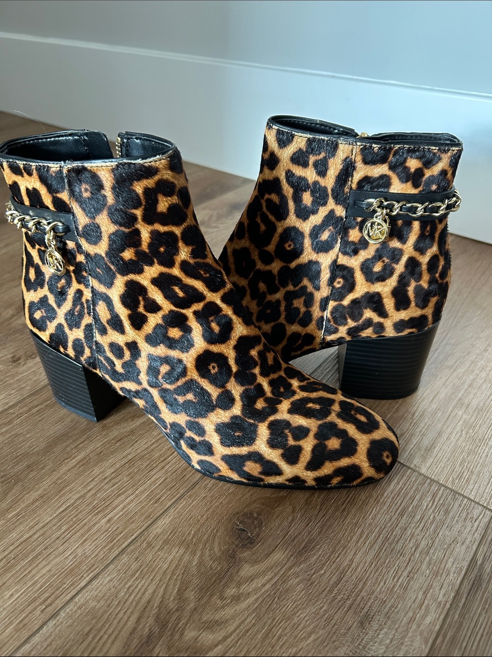 Michael Kors Leopard-Print Calf Hair Ankle Booties with Gold Chain Detail